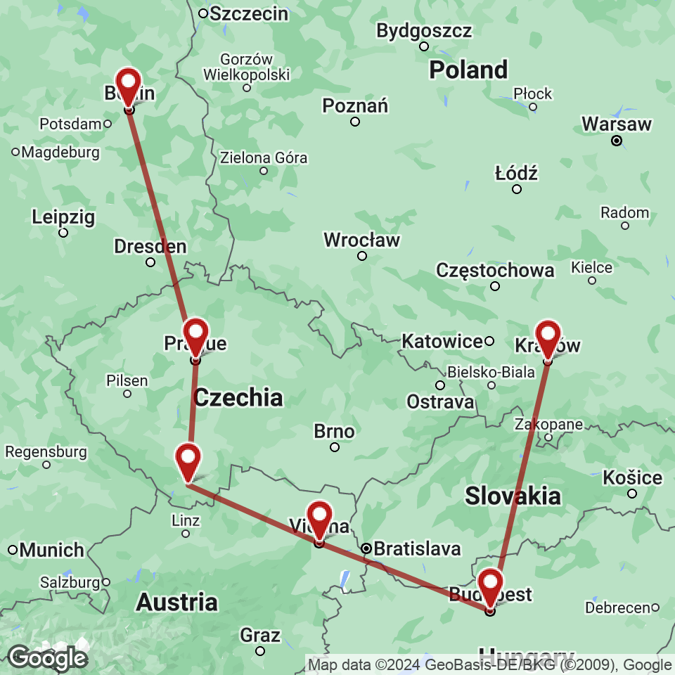 Route for Berlin, Prague, Cesky Krumlov, Vienna, Budapest, Krakow tour